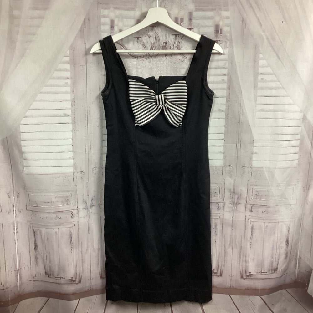 Vintage Anthony Norman Black Sheath Dress w/ Front Cutout Striped Bow 6 - Picture 7 of 7